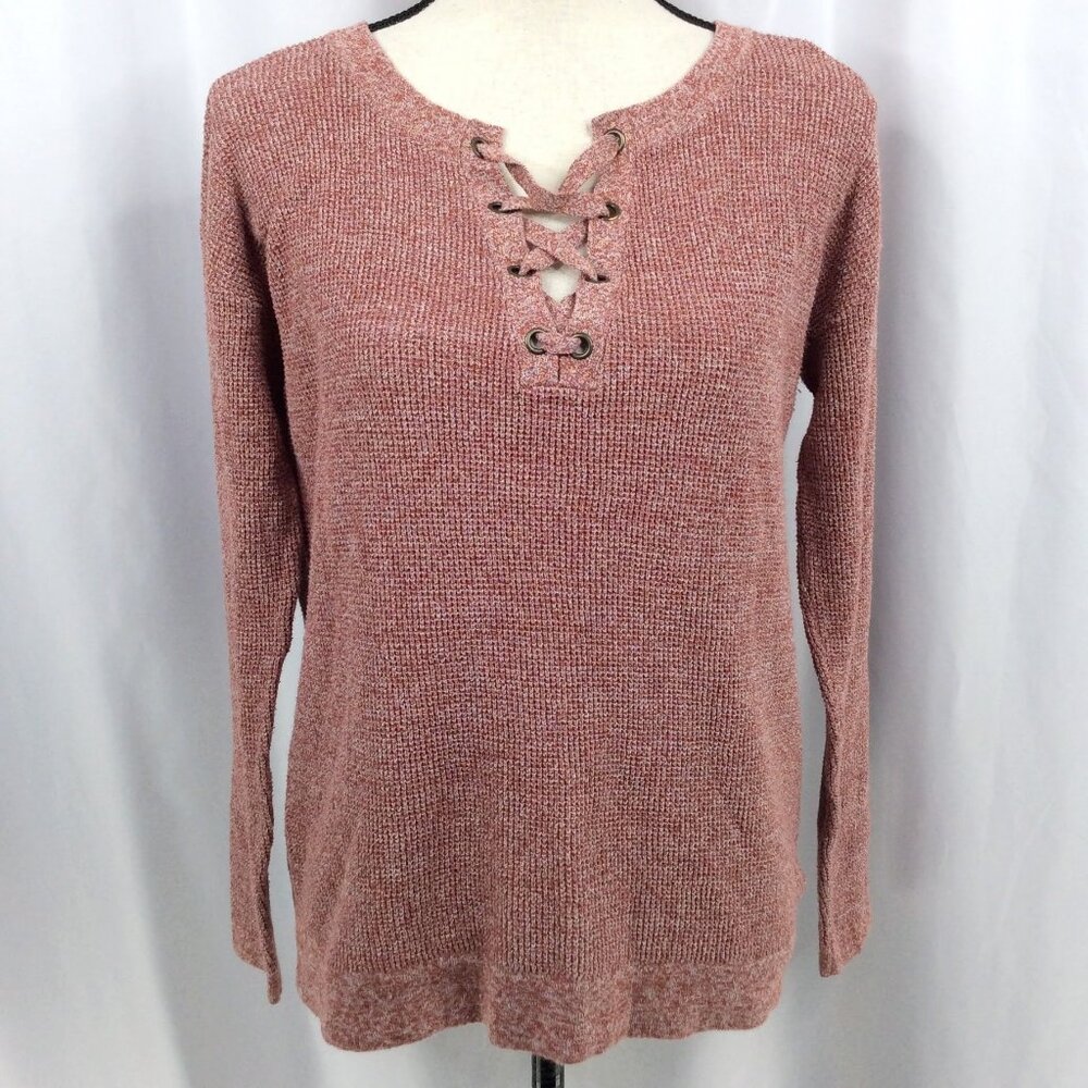 Natural Reflections Lace Up Neck Ribbed Sweater Women's‎ Size Small Rust Red